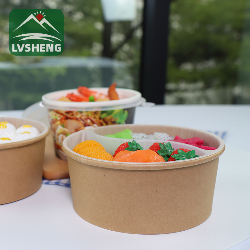 100% Biodegradable Kraft Paper Bowl With Lid ចានសាឡាដធំ ការផលិតយកចេញ